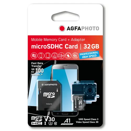 AgfaPhoto 32GB microSDHC-Karte inkl. Adapter UHS-I C10/U3/A1 70/100MB/s