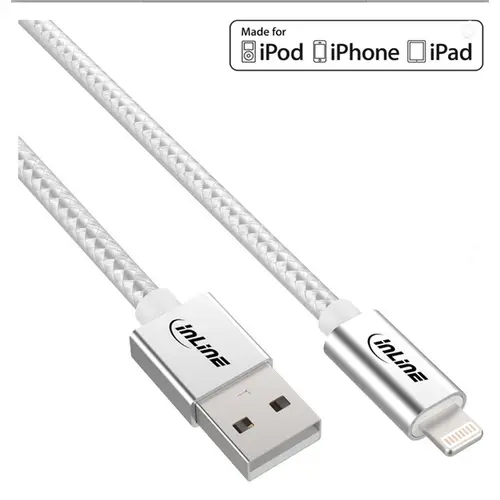 InLine Lightning USB Kabel, für iPad, iPhone, iPod, silber/Alu, 2m