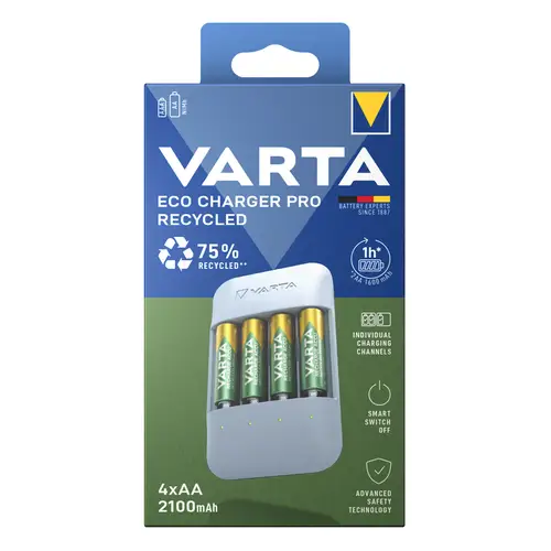 Varta Eco Charger Pro Recycled + 4x AA 2100 mAh, Ladegerät inkl. NiMh Akkus