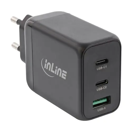 InLine USB PD Netzteil, GaN Ladegerät 3-Port, Dual USB-C + USB-A, 65W