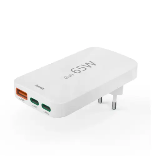 Hama 65W Schnellladegerät PD, 2x USB-C, 1x USB-A, flaches Mini Ladegerät, weiß
